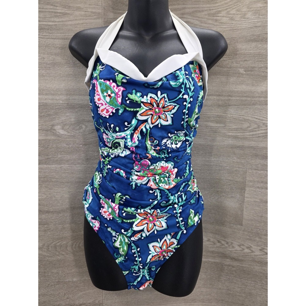 LRL Ralph Lauren Women's One Piece Swimsuit Blue Floral Multicolor Size 14